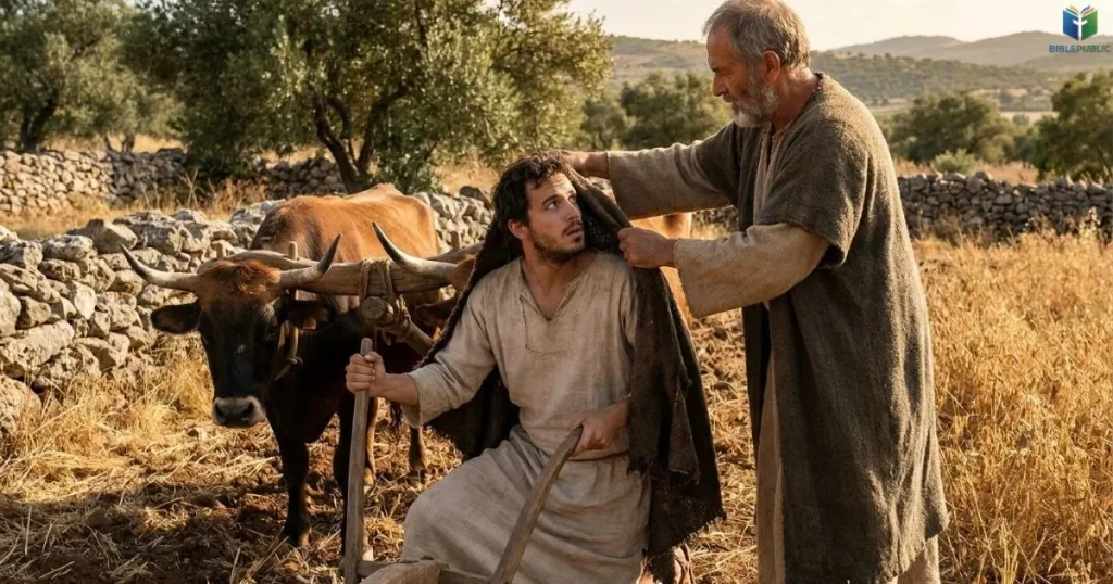 Elijah places his mantle over Elisha’s shoulders in a field during his prophetic calling.