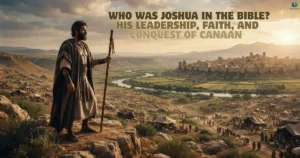 Who Was Joshua in the Bible, shown as Israel’s leader looking toward Canaan and the Promised Land.