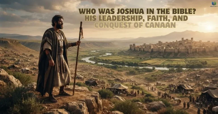 Who Was Joshua in the Bible, shown as Israel’s leader looking toward Canaan and the Promised Land.