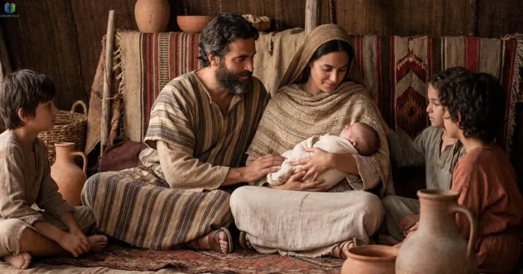 Jacob and Leah with their infant son Levi, illustrating Levi’s family background in Genesis.