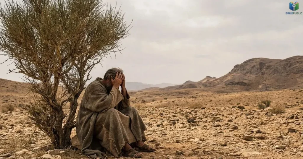Elijah rests beneath a broom tree in the wilderness after fleeing Queen Jezebel.