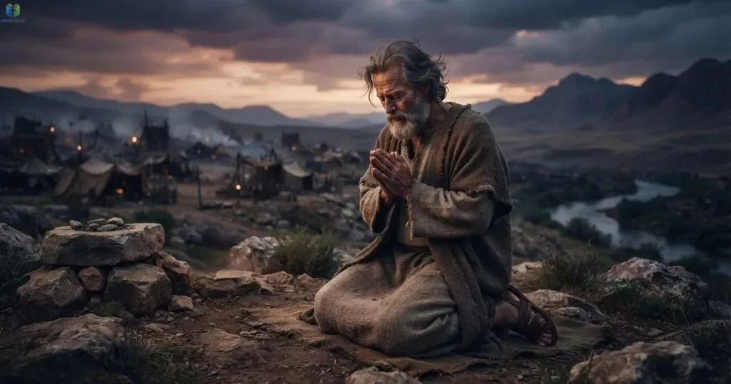 Noah praying in an ancient landscape, reflecting his faith and relationship with God.
