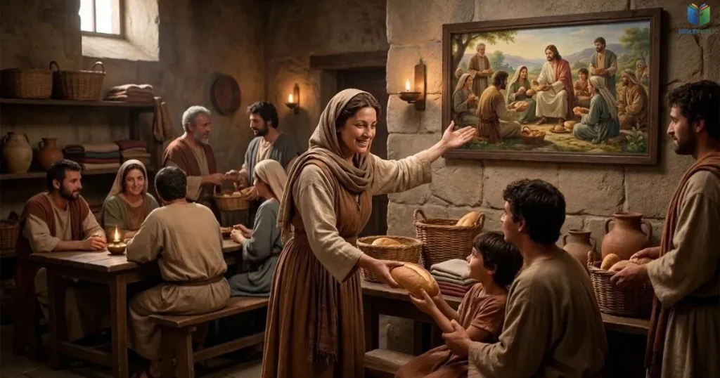 Phoebe portrayed offering practical help to people in an early Christian community.
