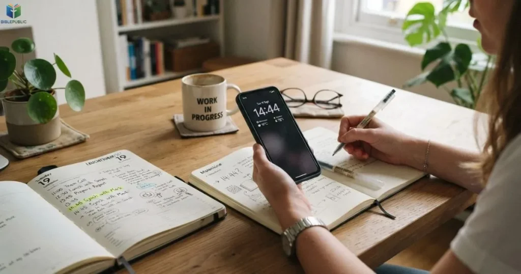 Smartphone displaying 14:44 beside a planner, representing repeated number patterns.