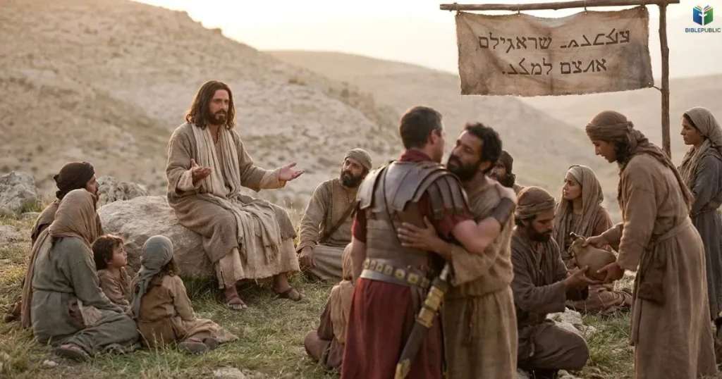 Jesus teaching followers about love, mercy, and compassion toward their enemies on a hillside.