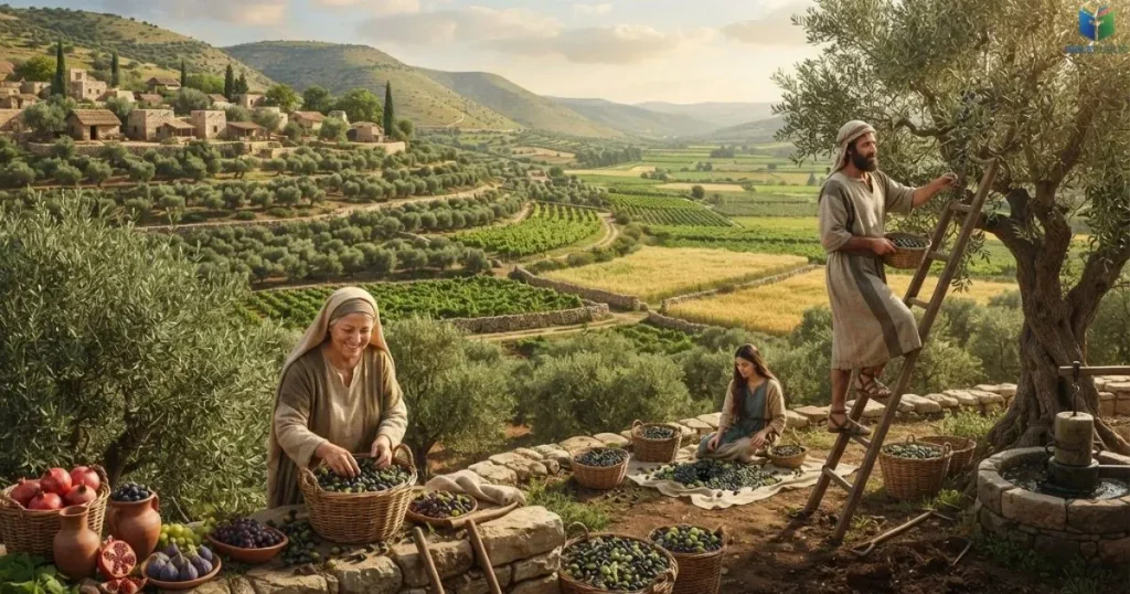 Fertile fields and harvested produce representing the biblical blessings associated with Asher.