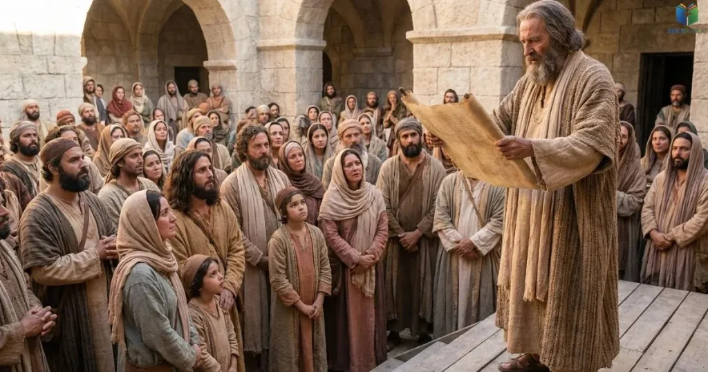 Ezra reading the Law aloud to a gathered community in ancient Jerusalem.