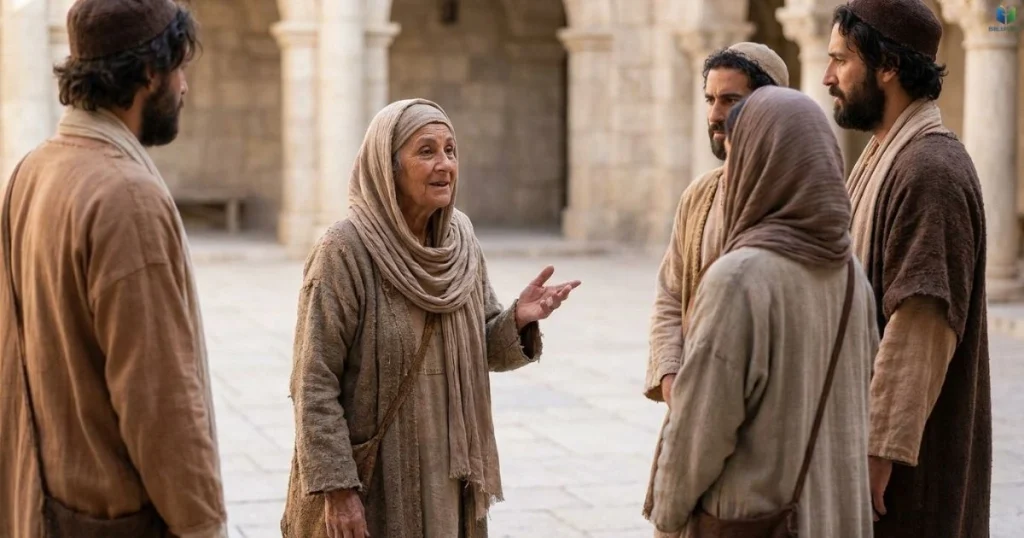 Anna speaking with worshippers in the temple, representing her role as a prophetess.