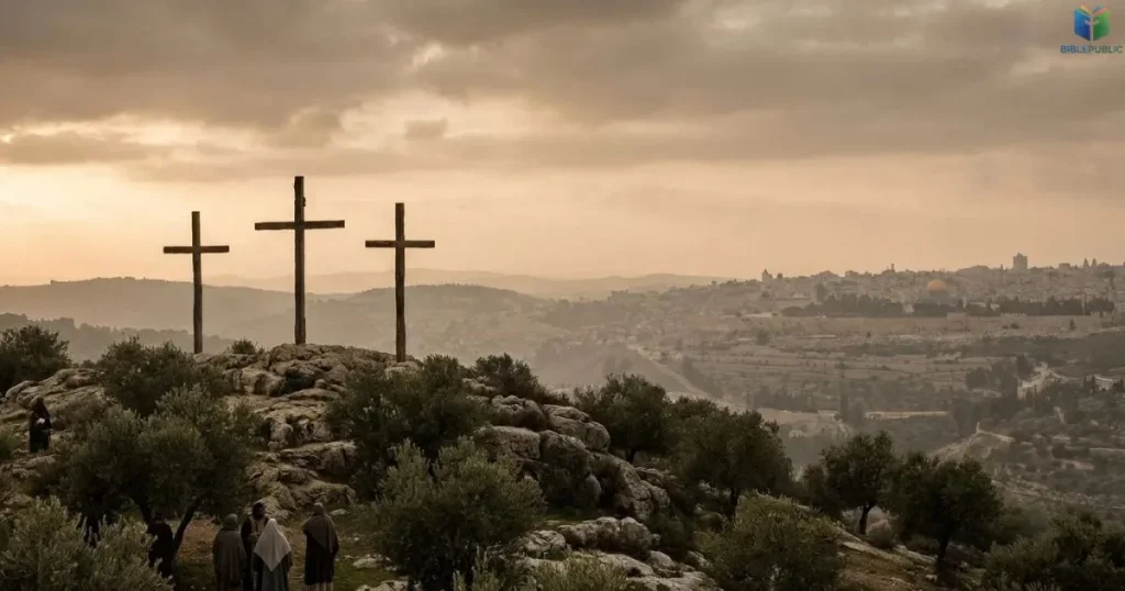 Three crosses on Golgotha represent the biblical account of Jesus’ crucifixion.